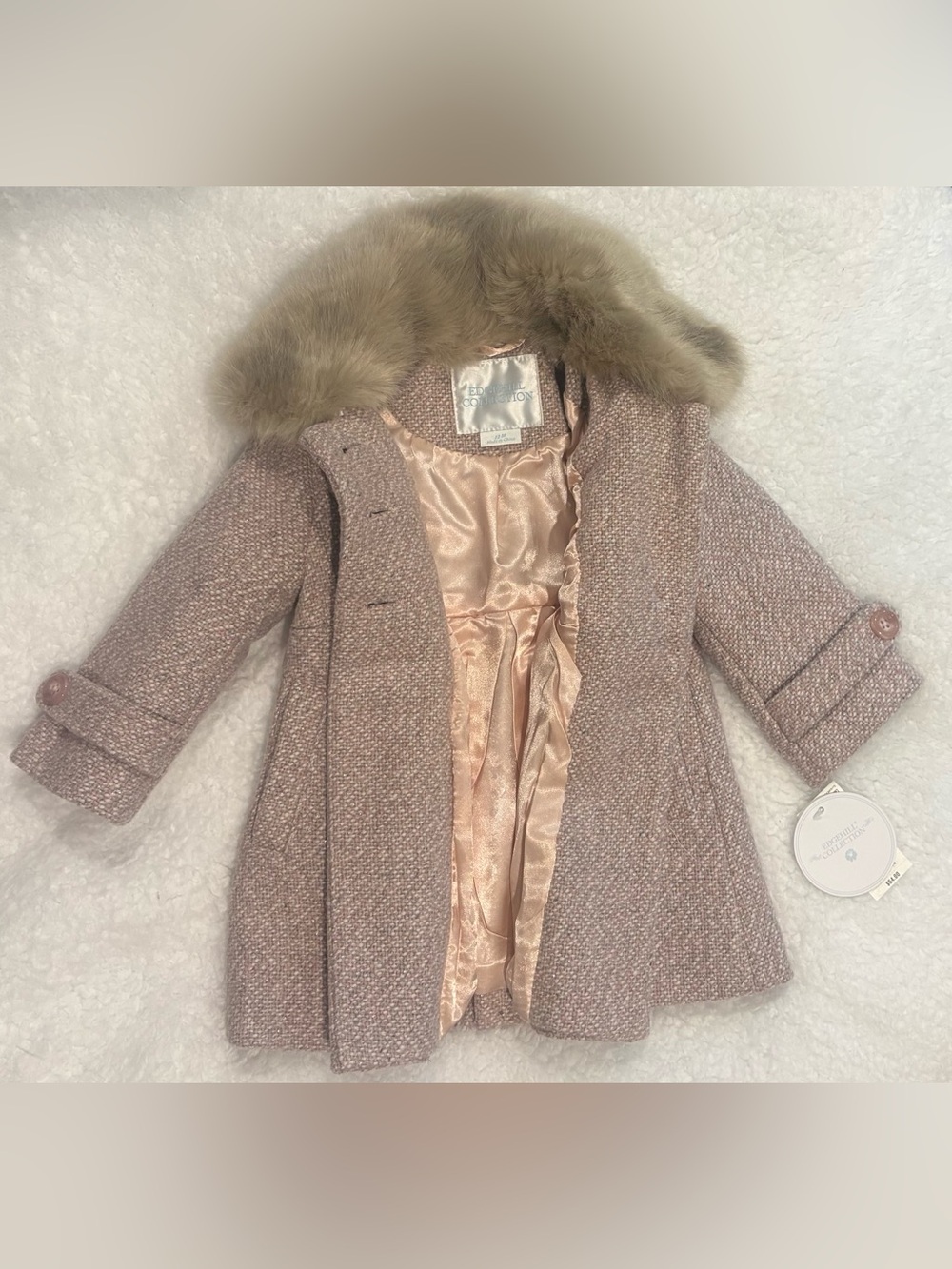 Edgehill Collection Girls Pink Tweed Coat 12M NWT Faux Fur Bow